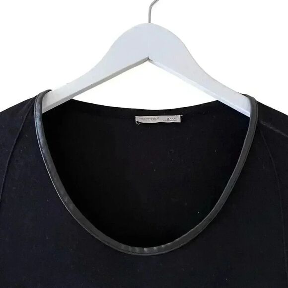 Zara W/B Collection Top 3/4 Sleeve Black Loose Fit Faux Leather Trim Sz S #1704 - Picture 2 of 14
